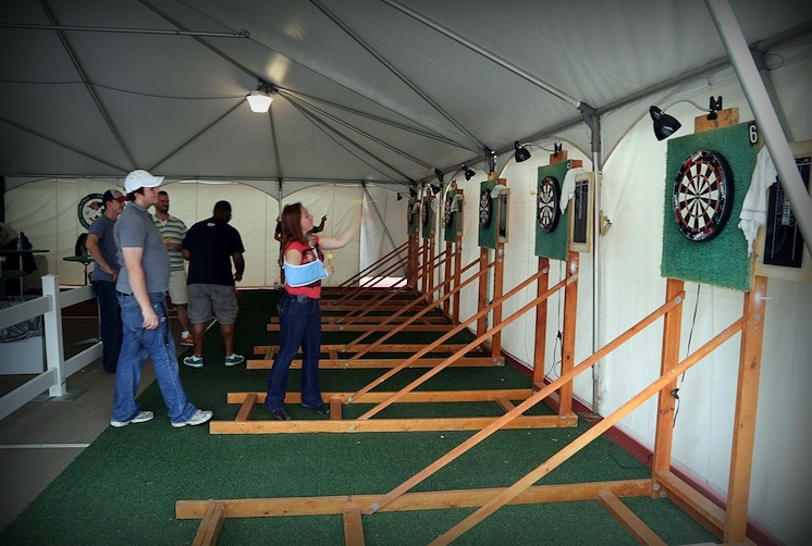 In the darts tent
