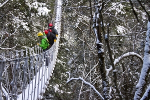 Vacationers visiting the New River Gorge walk a sky-bridge.