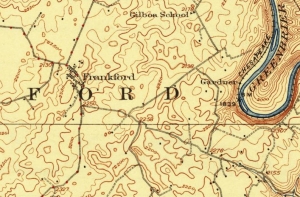 A historical map showing Frankford, W.Va., and the Greenbrier River.