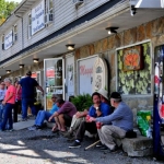 Bridge Day visitors gather outside Maggie's Pub
