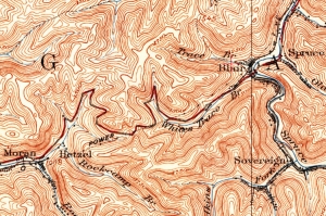 USGS Topo map showing road over Blair Mountain in south-central West Virginia.