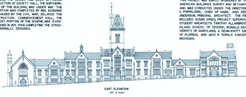 A detail from an architect's sketch of Old Main reveal symmetry and asymmentry.
