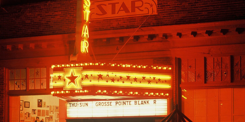 The marquee over the Star Theater in Berkeley Springs, West Virginia, glows in the Potomac night.