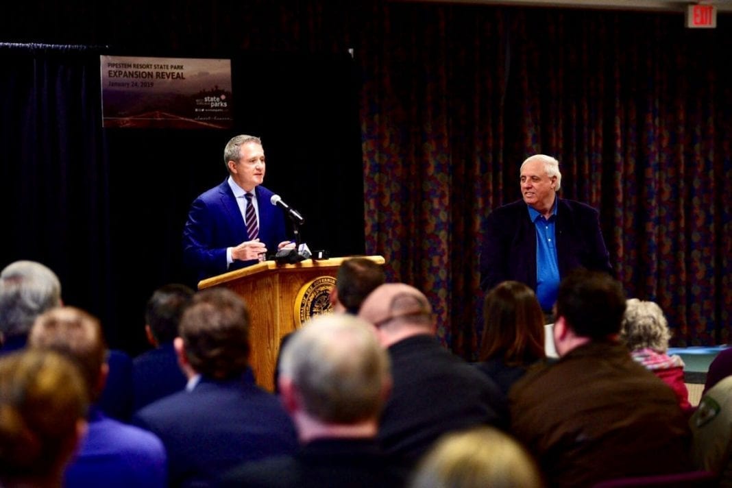 Division of Natural Resources Director Stephen McDaniel and Gov. Jim Justice announce an $11 million investment in new outdoors adventures coming to Pipestem Resort State Park in 2019.