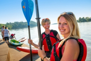 Kayakers gather along the Ohio River at Point Park at Parkersburg, West Virginia.