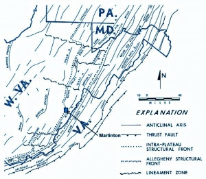 Faults and anticlines follow the trend of the Appalachians through West Virginia.
