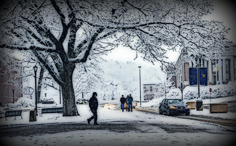 A student trudges across University Avenue near Woodburn Circle in Morgantown in winter. (Fhoto illustration by David Sibray)