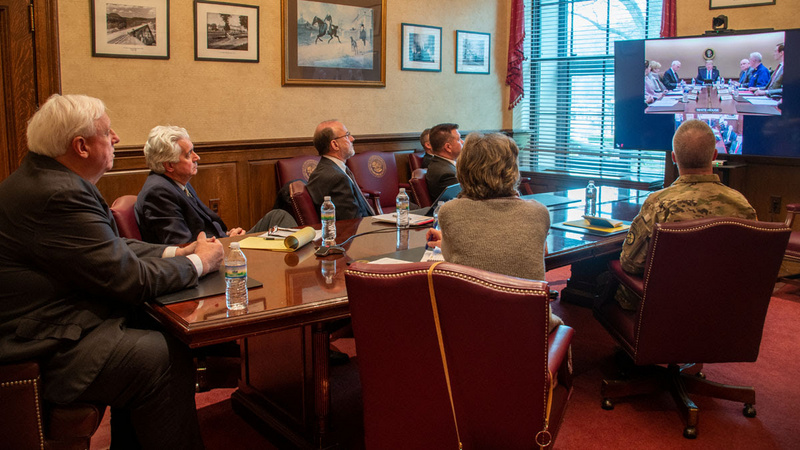 The governor and staff attended a video conference with the President early Monday.