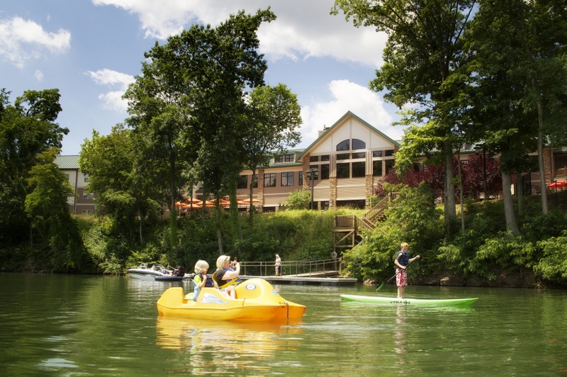 Visitors boat and board on the waterfront at Stonewall Resort at Stonewall Jackson Lake State Park.