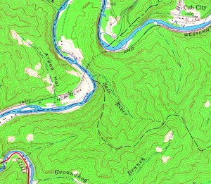 The Salt River appears in a section of a 1964 geologic survey map of West Virginia.