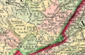 Detail of map from 1863 showing locations of Union (at lower right) and Fayetteville (in upper left).