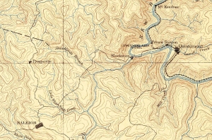 In the prelude to the Battle of Stanaford, union organizers travelled from Qunnimont to Adkinsville, then a section of Beckley, mapped here as "Raleigh."
