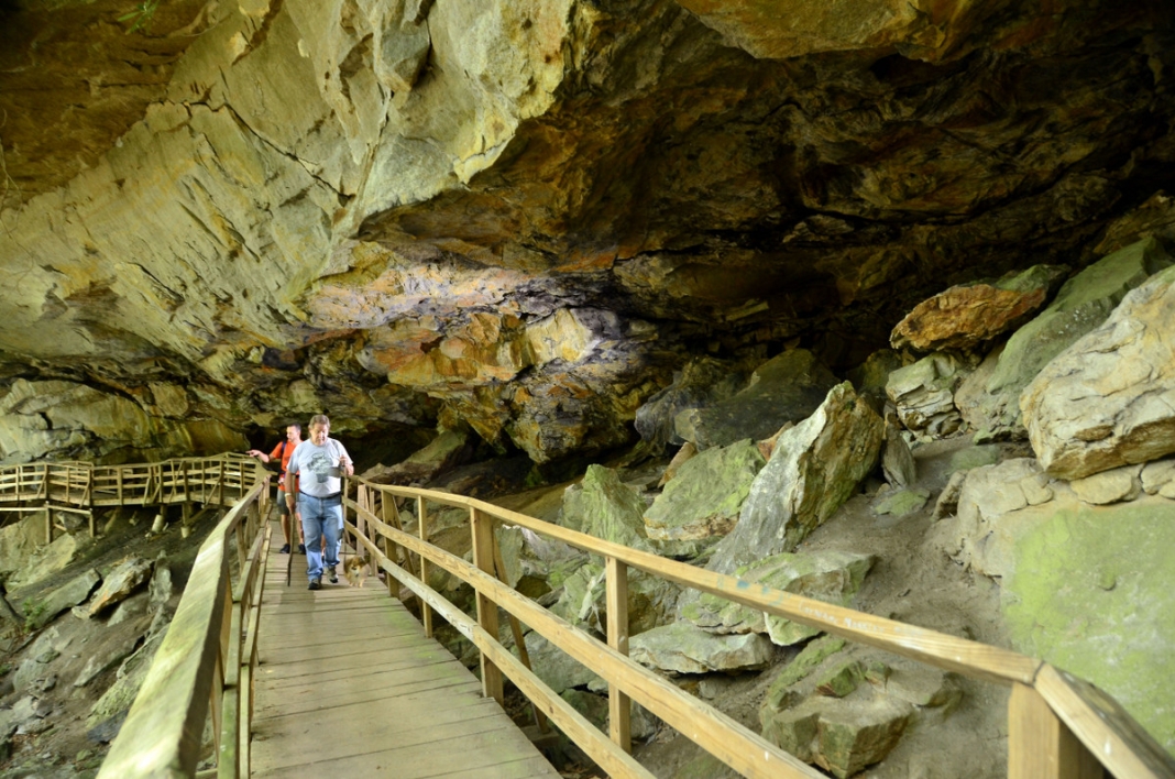 Hikers walk the boardwalk on the Alum Cave Trail at Audra State Park.