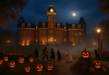 Professors at WVU trace Halloween through ancient, cross-cultural traditions Woodburn Hall at West Virginia University looms over a Halloween scene.