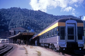 Chessie 29 on a special train at Logan, West Virginia. Parked by the passenger platform, this train was in Logan for the dedication of Youngstown Sheet and Tube Company's new Dehue mine. It is stopped at the C&O passenger station at Logan (city hall at this time). The car was permanently assigned to the railway president’s office at that time (COHS-51457.JPG; Robert C. Withers photo, October 2, 1969, courtesy of the Chesapeake & Ohio Historical Society, archive # COHS-51457).