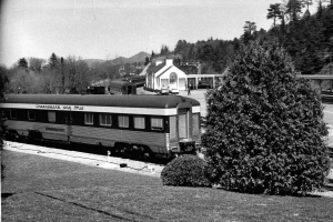 Chessie 29 sits at the White Sulphur Springs, West Virginia depot’s "park track" for business cars. Other rail cars are parked behind the station in the distance. Chessie 29 was the car used by President Dwight Eisenhower to travel to The Greenbrier with C&O President Walter Tuohy for a summit with the leaders of Canada and Mexico. This was the trip when Eisenhower & Tuohy privately decided on the creation of the Congressional Bunker under the hotel (cohs-33064.JPG; Frank Shaffer photo, ca. 1959, courtesy of the Chesapeake & Ohio Historical Society, archive No. COHS-33064).