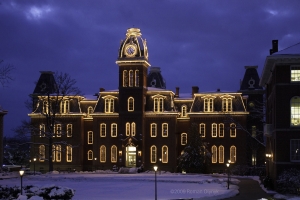 Woodburn Hall glows magically when lit on Woodburn Circle in Morgantown, West Virginia. (Photo courtesy WVU)