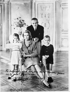 The royal family of Monaco pictured at The Greenbrier in 1963. They were visiting the C&O-owned Greenbrier Hotel and traveled there on C&O President Walter J. Tuohy's business car, Chessie 29. Pictured here are Princess Grace, Prince Rainier III, Prince Albert II, and Princess Caroline. Prince Albert II is the current sovereign prince of Monaco (cspr-11285-9.JPG; 1963, courtesy of the Chesapeake & Ohio Historical Society, archive # CSPR-11285-9).