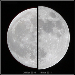 The "Supermoon" of March 19, 2011 (right), compared to a rather "average" moon of December 20, 2010 (left): note the size difference. Images by Marco Langbroek, the Netherlands, using a Canon EOS 450D + Carl Zeiss Jena Sonnar MC 180mm lens.