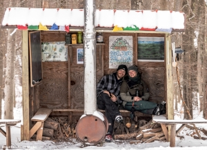 Justin and Marcie Harris shelter in a warming hut on the trails at White Grass (Photo: Mountain River Media)