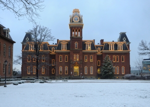 Woodburn Hall History: Snow blankets the lawn in Woodburn Circle in Morgantown,West Virginia.