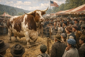 Fairgoers tested the ox’s immensity in playful ways, ouring a half-bushel of shelled corn onto its back, and yet not a grain rolled off.